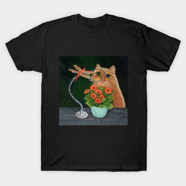 Orange Cat and Dragonfly T-Shirt by KarenZukArt